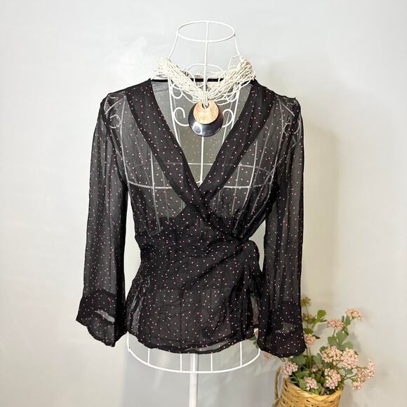 Hot pink & black polka dot silky vintage 90s wrap tie long sleeve blouse top - Picture 2 of 6